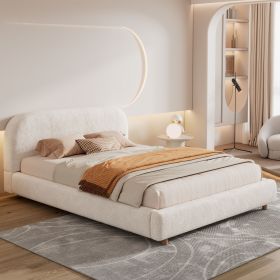 Queen Size Platform Bed with Boucle Fabric, Boucle Fabric Upholstered Platform Bed with Curve-Shaped Design Headboard, White, Easy Assembly