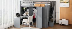 Full Size Loft Bed with Wardrobe,Desk and Shelves,Grey