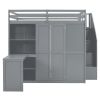 Full Size Loft Bed with Wardrobe,Desk and Shelves,Grey