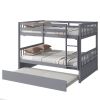 Full Over Full Rubber Wood Bunk Bed with Trundle, Ladder and Guardrails, Convertible to 2 Full Size Beds, with Twin Size Trundle ,Grey