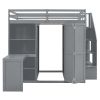Full Size Loft Bed with Wardrobe,Desk and Shelves,Grey