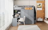 Full Size Loft Bed with Wardrobe,Desk and Shelves,Grey