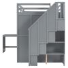 Full Size Loft Bed with Wardrobe,Desk and Shelves,Grey