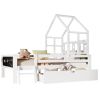 Full Size House Bed with Ladder and Storage Drawers for Kid Bedroom,Solid Wood Platfrom Bedframe with 2 Blackboard Design, No Box Spring Needed, White