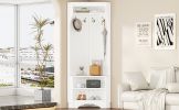 ON-TREND Minimalist Corner Hall Tree with Shoe Bench, Versatile Entryway Coat Rack with 4 Hooks, Corner Cabinet with Adjustable Shelf for Hallway