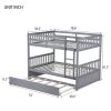 Full Over Full Rubber Wood Bunk Bed with Trundle, Ladder and Guardrails, Convertible to 2 Full Size Beds, with Twin Size Trundle ,Grey