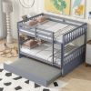 Full Over Full Rubber Wood Bunk Bed with Trundle, Ladder and Guardrails, Convertible to 2 Full Size Beds, with Twin Size Trundle ,Grey
