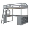 Full Wooden Loft Bed with U-shaped Desk,Storage Compartments and Tri-fold Mirror, Gray