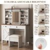 Farmhouse Makeup Vanity Desk with Sliding Mirror and Lights and Hairdryer holder and charging socket Multilayer storage Shelves