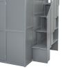 Full Size Loft Bed with Wardrobe,Desk and Shelves,Grey
