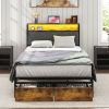 Twin Size Bed Frame Upholstered Platform Bed Frame with Storage Drawers, USB Ports, LED Lights, Upholstered Wingback Headboard, Rustic Brown