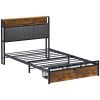 Twin Size Bed Frame Upholstered Platform Bed Frame with Storage Drawers, USB Ports, LED Lights, Upholstered Wingback Headboard, Rustic Brown