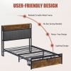 Twin Size Bed Frame Upholstered Platform Bed Frame with Storage Drawers, USB Ports, LED Lights, Upholstered Wingback Headboard, Rustic Brown