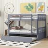 Full Over Full Rubber Wood Bunk Bed with Trundle, Ladder and Guardrails, Convertible to 2 Full Size Beds, with Twin Size Trundle ,Grey