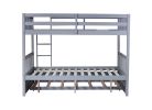 Full Over Full Rubber Wood Bunk Bed with Trundle, Ladder and Guardrails, Convertible to 2 Full Size Beds, with Twin Size Trundle ,Grey
