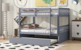 Full Over Full Rubber Wood Bunk Bed with Trundle, Ladder and Guardrails, Convertible to 2 Full Size Beds, with Twin Size Trundle ,Grey