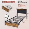 Twin Size Bed Frame Upholstered Platform Bed Frame with Storage Drawers, USB Ports, LED Lights, Upholstered Wingback Headboard, Rustic Brown