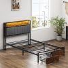 Twin Size Bed Frame Upholstered Platform Bed Frame with Storage Drawers, USB Ports, LED Lights, Upholstered Wingback Headboard, Rustic Brown