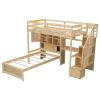 Twin over Twin Loft Bed with Built-in Desk and Staircase, With Storage Compartments and Shelves, Natural