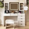Large Vanity Table Set with LED Lighted Mirror, Vanity Desk with Charging Station, Makeup Table with Glass Doors, Drawers and Storage Shelves