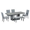 Contemporary 6-Pcs 78 inch Extendable Pedestal Dining Table Set with 18 inch Removable Leaf and Dining Bench, 4 Upholstered Dining Chairs