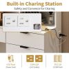 Large Vanity Table Set with LED Lighted Mirror, Vanity Desk with Charging Station, Makeup Table with Glass Doors, Drawers and Storage Shelves