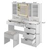 Large Vanity Table Set with LED Lighted Mirror, Vanity Desk with Charging Station, Makeup Table with Glass Doors, Drawers and Storage Shelves